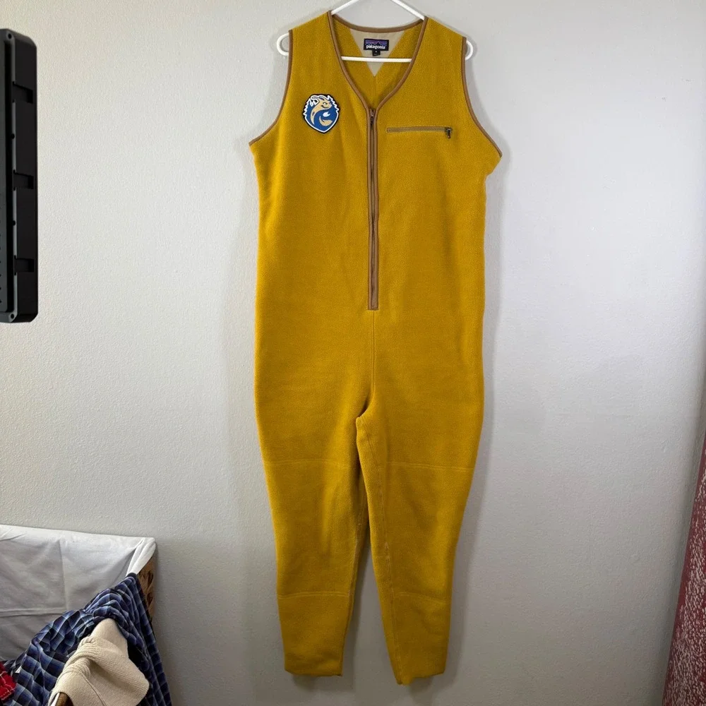 Patagonia Men XL Fleece Bib‎ Overalls Mustard Yellow Half Zip Reinforced Knees